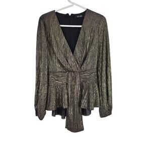 Do+Be New Years Party Top S Womens Gold Shimmer‎ Long Sleeve Deep V Coquette